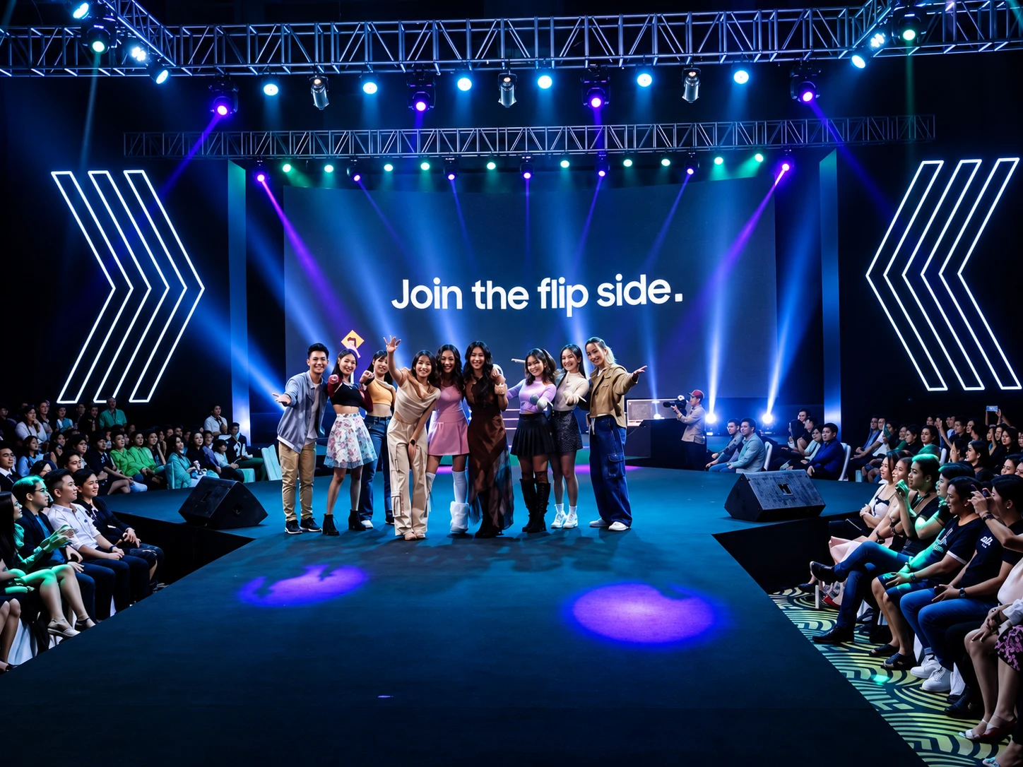Samsung flagship launch event with a blue-lit runway